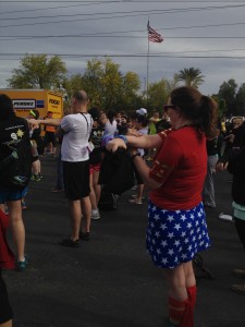 Even Wonder Woman was warming up for the Walk/Run for YA Cancer!